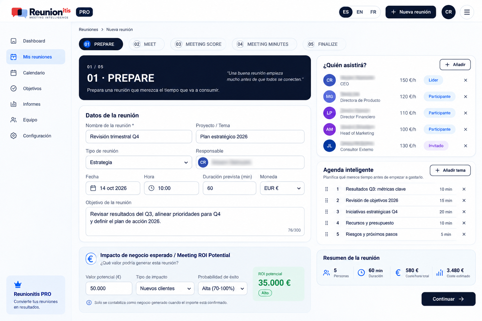 PREPARE de Reunionitis PRO con agenda inteligente, asistentes, coste e impacto esperado